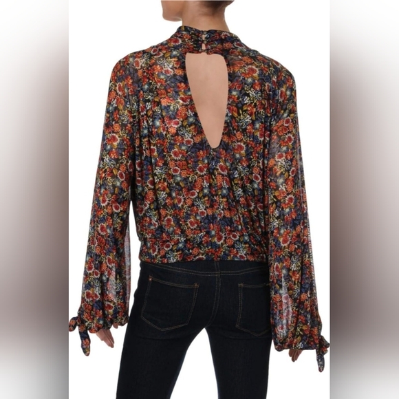NWT Free People All Dolled Up Black Combo Floral Mesh Long Sleeve Crop Top - Picture 11 of 16